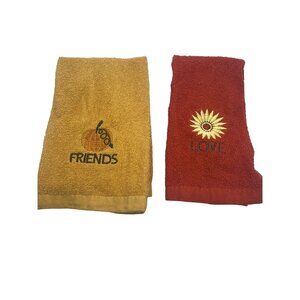 2 Embroidered Fall Tea Fingertip Towels Love Sunflower Friends Pumpkin